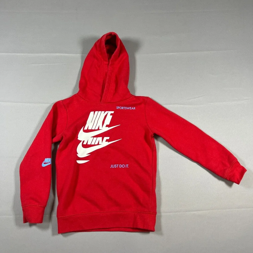 Nike Sportswear Pullover Hoodie Kids 6 Red Cotton Fleece Lined Logo Print Winter
